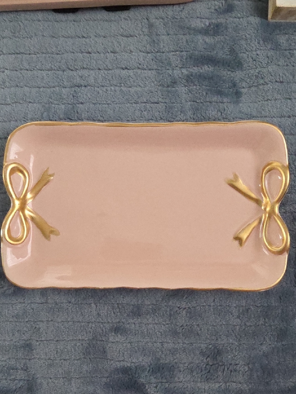 Pink Ceramic Trinket Tray with Gold Bow Accents